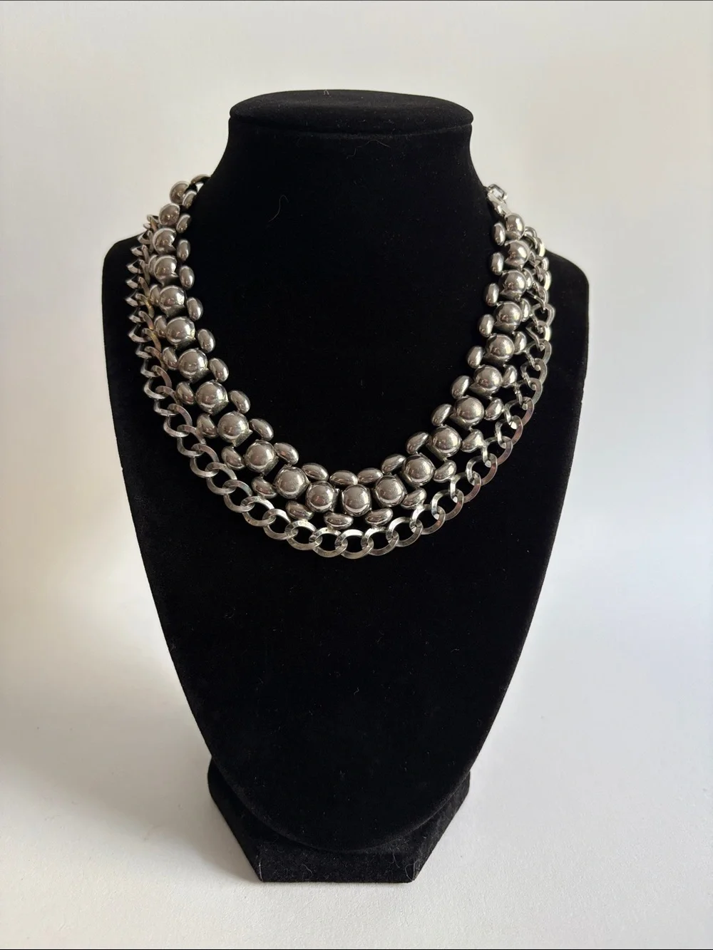 Silver Layered Chain Statement Necklace Domed Beads Women
